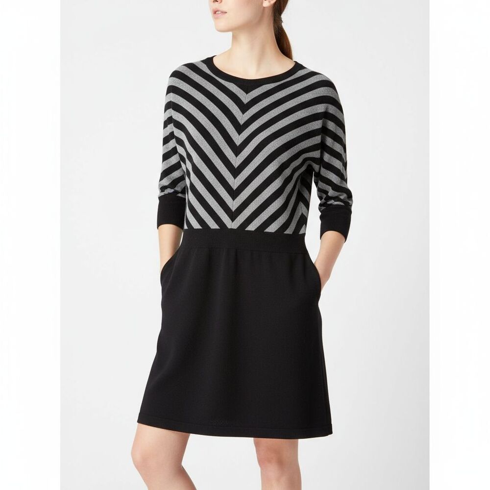 LOFT Ann Taylor Sweater Dress Womens Small Knit Black Drop Waist Chevron Cozy